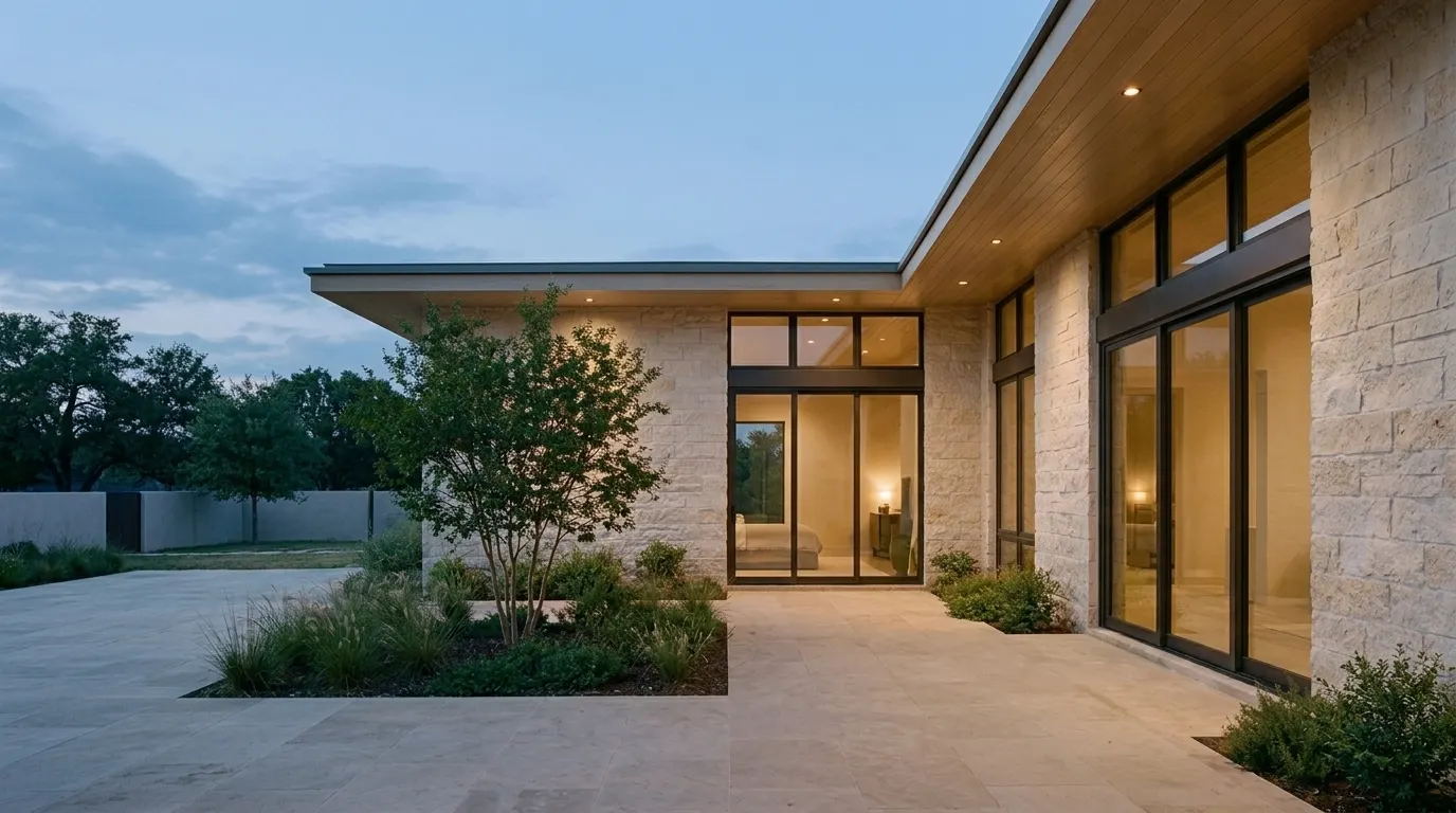 Visualisation: a limestone courtyard house at dusk