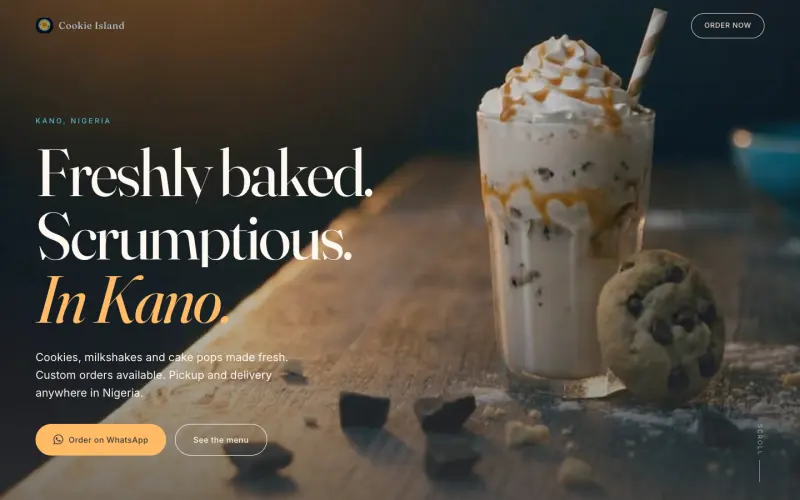 The Cookie Island homepage with a milkshake and cookies