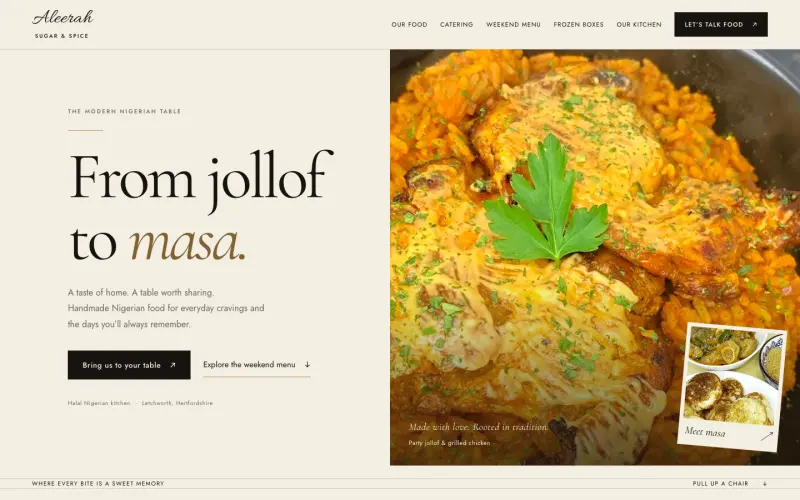 The Aleerah Sugar and Spice homepage with a plate of jollof rice